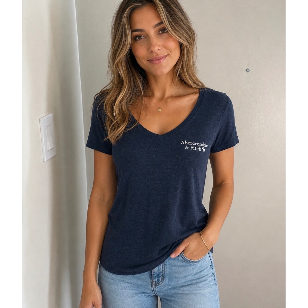 Abercrombie & Fitch Womens Navy Blue V-Neck Logo T-Shirt XS Soft A&F Collection